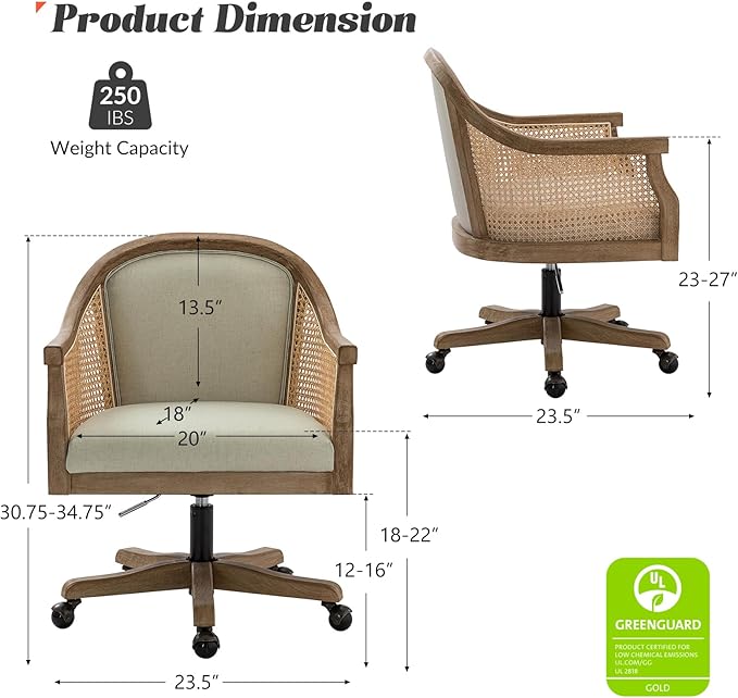 HULALA HOME Rattan Desk Chair, Upholstered Home Office Chair, Vintage Office Chair with Armrest, Adjustable Swivel Rolling Height Task Chair for Living Room Bedroom Study Room, Linen