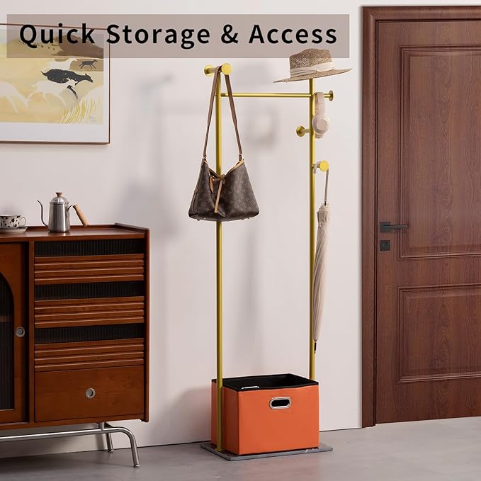 Coat Rack Freestanding with Storage Basket Heavy Duty Clothes Rack Marble Base Modern Coat Stand for Bedroom Living Room Hotel 13.39" D x 19.69" W x 68.9" H (Gold)