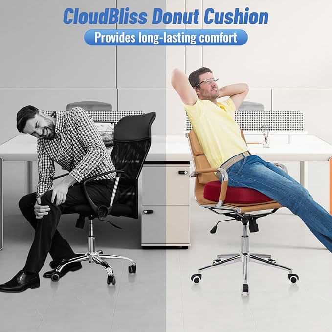 CloudBliss Donut Pillow Seat Cushion Chair Pad for Tailbone Pain Relief and Hemorrhoids, Memory Foam Seat Chair Cushion for Men and Women for Home & Office, (Red)