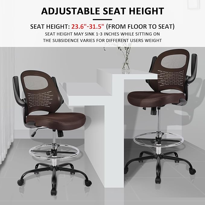HYLONE Tall Drafting Chair Standing Desk Chair with Flip-Up Armrests, Adjustable Height Ergonomic Office Chair with Footrest Ring - High Stool Chair for Standing Desk (Brown)