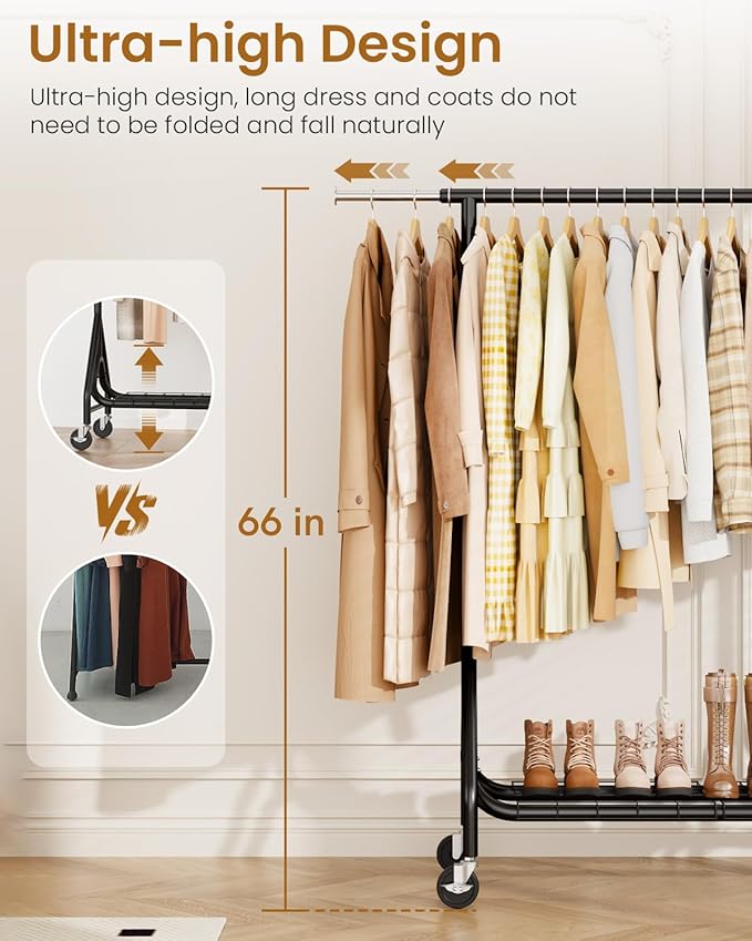 Heavy Duty Clothes Rack, Metal Clothing Rack Load 450 LBS, Rolling Coat Racks for Hanging Clothes with Lockable Wheels, Wardrobe Closet Garment Racks for Bedroom, Black