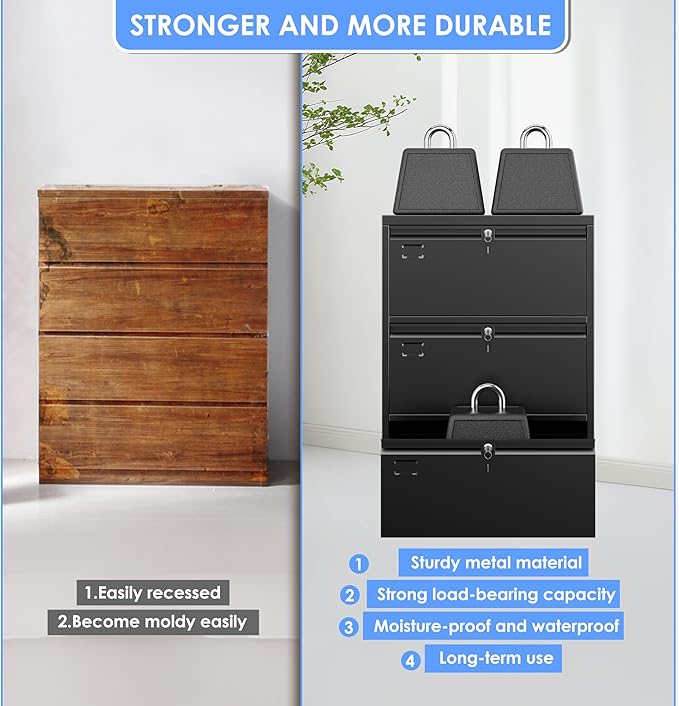 Aobabo 3 Drawer Wide Lateral File Cabinet, Metal Filing Cabinet with Lock, Suitable for Home Office School Hanging Files Letter/Legal/F4/A4 Size,Black,Required-Assembly,15.87" D x 28.94" W x 43.62" H