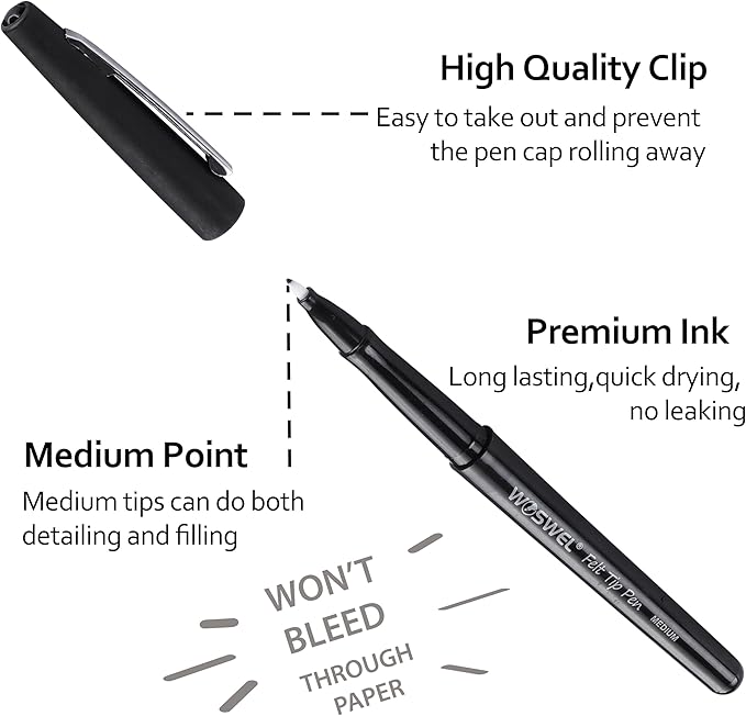 Black Felt Tip Pens - 60 Pack, 0.7mm Medium Point Pens for Journaling, Note Taking, Planner, Writing, Drawing