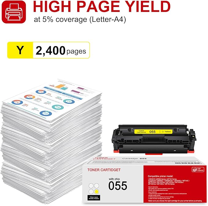1 Pack 055 3013C001 Yellow Toner Cartridge: Compatible CRG-055 Replacement for Canon i-SENSYS LBP660 MF740 Series ImageClass LBP664Cdw LBP664Cx MF740C MF741Cdw MF743Cdw MF746Cdw MF740 Series Printer