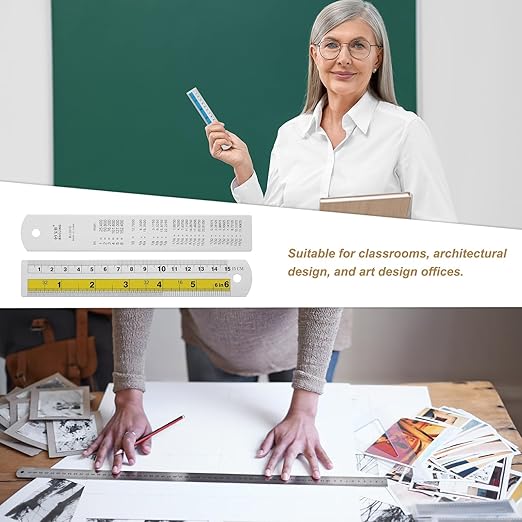 HARFINGTON 4pcs Metal Straight Ruler 15cm Metric SAE Aluminum Alloy Measuring Rulers Scale Tool with Hole for Measure Study Reading Classroom Office, Yellow