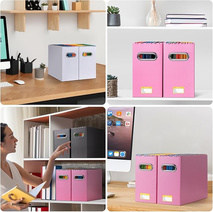 BALEINE File Organizer Box, Cardboard File Folder Organizer with Handle for Letter Size, Portable Collapsible Hanging Filing Box for Home Office Document Storage (4 Pack, Black)