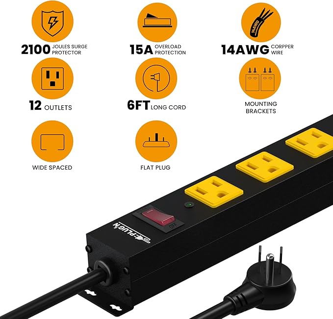 12 Outlet Long Power Strip, 2100 Joules Surge Protector, 6FT Power Cord, Wide Spaced Outlet Power Bar, Overload Protection Switch, Industrial Heavy Duty for Work Bench, Shop, Garage…