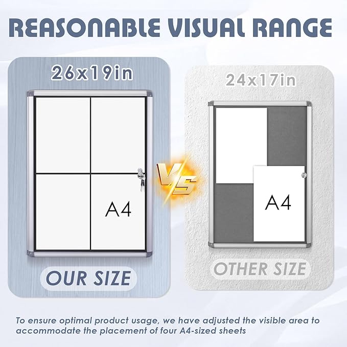 Enclosed Bulletin Board Lockable Display Case Message Board with Locking Door for Indoor, Black Felt, Silver Aluminum Frame, 26x20inch(4XA4)
