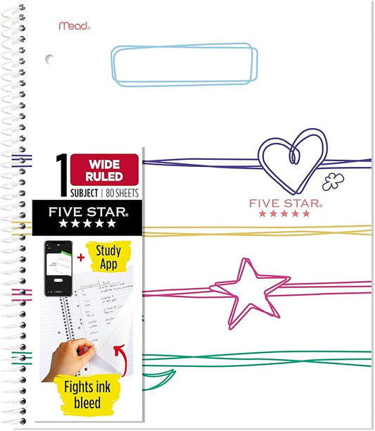 Five Star Spiral Notebook + Study App, 1 Subject, Wide Ruled, 8" x 10-1/2", 80 Sheets, Fights Ink Bleed, Water Resistant Cover, Pastel Doodles (930212F-ECM)