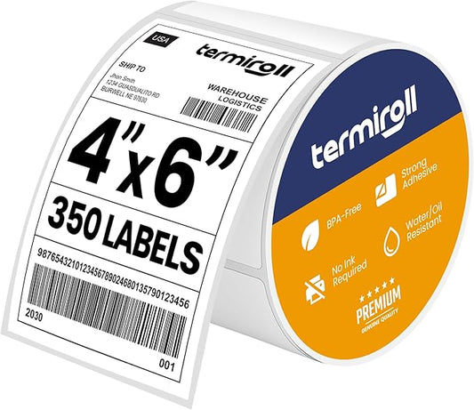 4x6 Thermal Labels – 350 Labels/Roll – Direct Thermal, Non-Perforated – Compatible with Rollo, Zebra, iDPRT, MUNBYN – Strong Adhesive, BPA-Free – Commercial Grade by TERMIROLL
