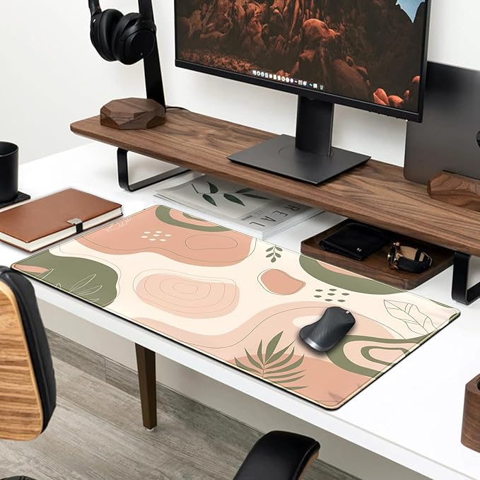 Boho Green Cream Desk Mat Boho Kawaii Green Mouse Pad Cute Desk Mat, Large Aesthetic Mouse Pad XL Desk Decor for Women with Stitched Edge Mouse Desk Pad for Keyboard and Mouse Desk Pad, 31.5x15.8in.