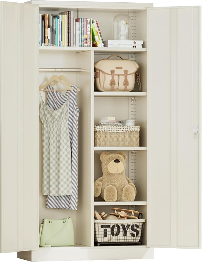 Greenvelly Metal Wardrobe Cabinet with Lock Door, 72" Metal Wardrobe Closet with Hanging Rods and Adjustable Shelves, Clothing Storage Closet Cabinet for Home, Office, Employee, Gym (Grey)