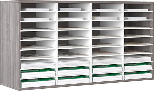 EasyPAG Mail Organizer Countertop, Wood Literature Organizer with Adjustable Shelves, Student Classroom Mailbox for School, Desktop Paper Sorter for Office Home, 36 Compartments, Retro Gray/White