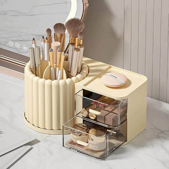 Anyoifax 360 Rotating Makeup Brush Holder 7 Slots Makeup Organizer with Drawer Removable Spinning Cosmetic Storage Pen Holder for Vanity, Dresser, Desk, Beige