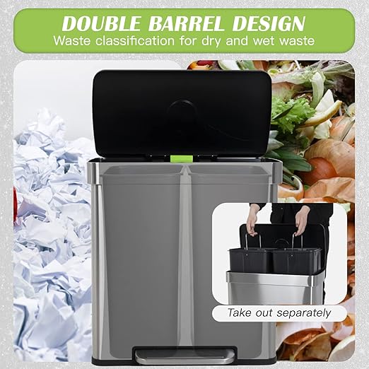 60 Liter Trash Can Soft-Close, Smude Resistant Trash Can with Foot Pedal-Brushed Stainless Steel and Two Independent Drums Waste Bin for Home, Kitchen, Office, Bathroom