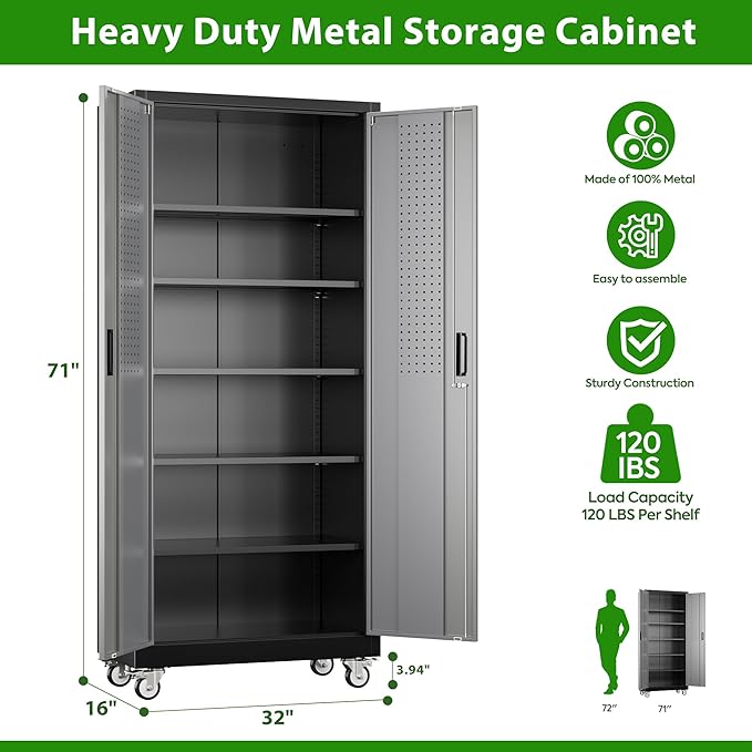 Aobabo Upgraded Garage Storage Cabinets with Wheels,Metal Storage Cabinets with 5 Adjustable Shelves for Garage Home Office Storage, Black&Dark Grey,71''H*32''W*16''D,Assembly Required