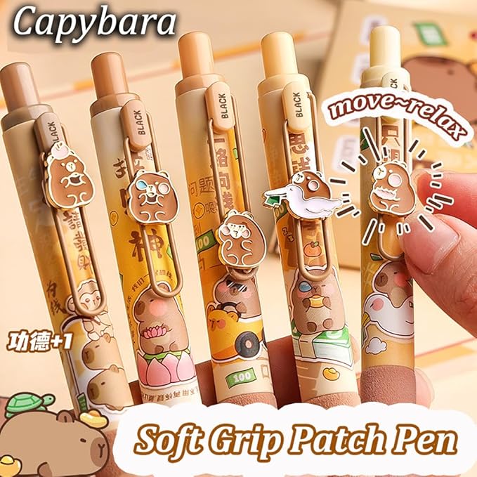 Cute Gel Pens 5Pcs Retractable Quick Dry Ink Pens 0.5mm Fine Point Black Ink Kawaii Smooth Writing Pens for School Office Supplies Aesthetic pretty pens (Cute Capybara)