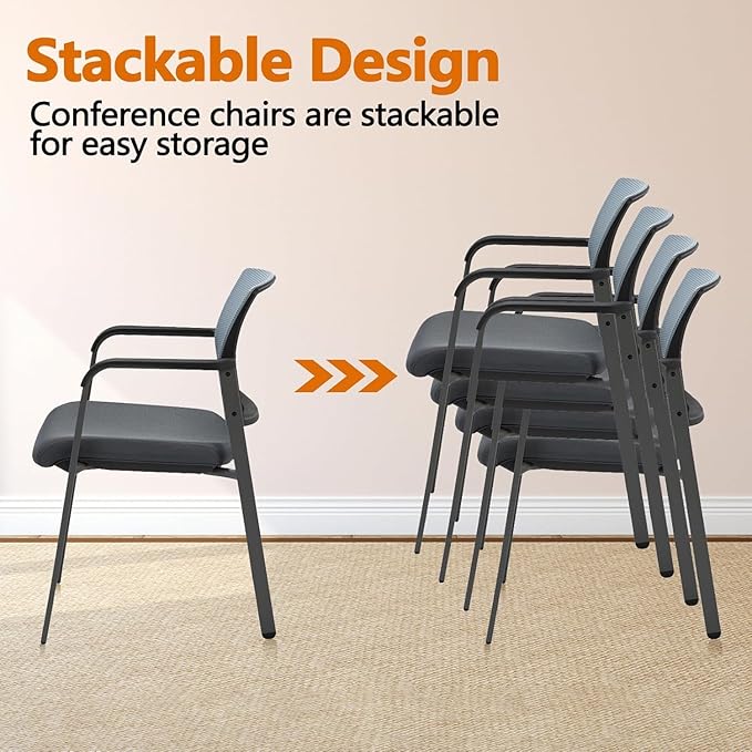 CLATINA Mesh Back Stacking Arm Chairs with Upholstered Fabric Seat and Ergonomic Lumbar Support for Office School Church Guest Reception Grey (Gray-8 Pack)