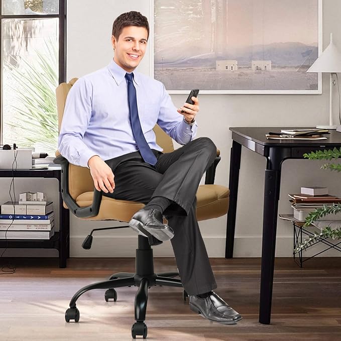 CLATINA Brown Office Computer Chair PU Leather Executive Swivel Adjustable Height Chairs with Upholstery Fixed armrest Mid-Back Leather Thick Cushion Office Chair Brown 4Pack