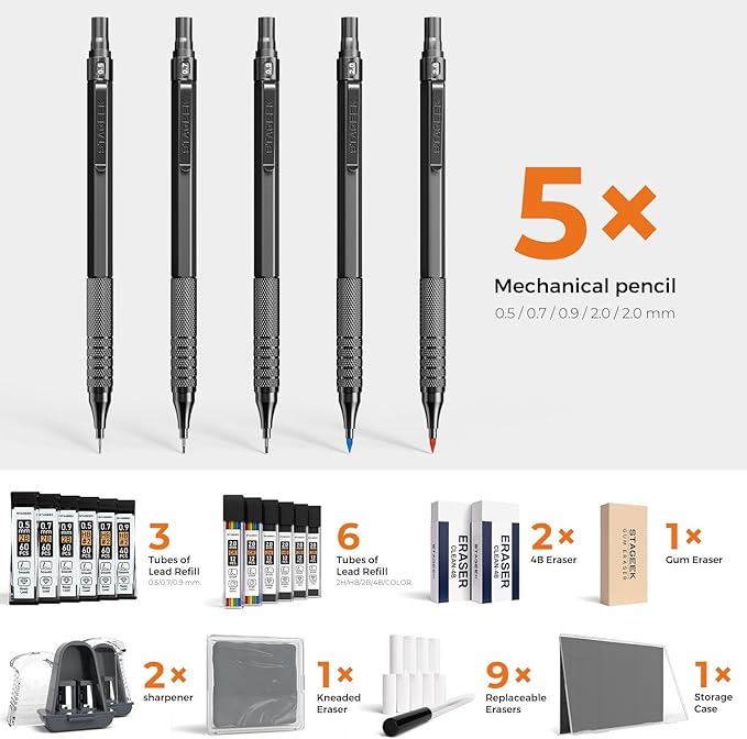 25PCS Art Mechanical Pencil Set, 3PCS Metal lead pencil 0.5, 0.7, 0.9, 2PCS 2mm Drawing Pencil (HB 2H 2B 4B Color) with 392PCS Graphite Leads, Eraser with Case for Drafting Drawing Writing