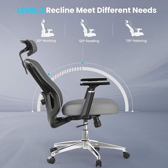 Farini Office Chair Ergonomic Desk Chair, High Back Computer Chair with Wheels, Home Sutdy Chair for Heavy People, Office Chair Adjustable Seat Depth, 3D Armrests and Adjustable Headrest, Gray