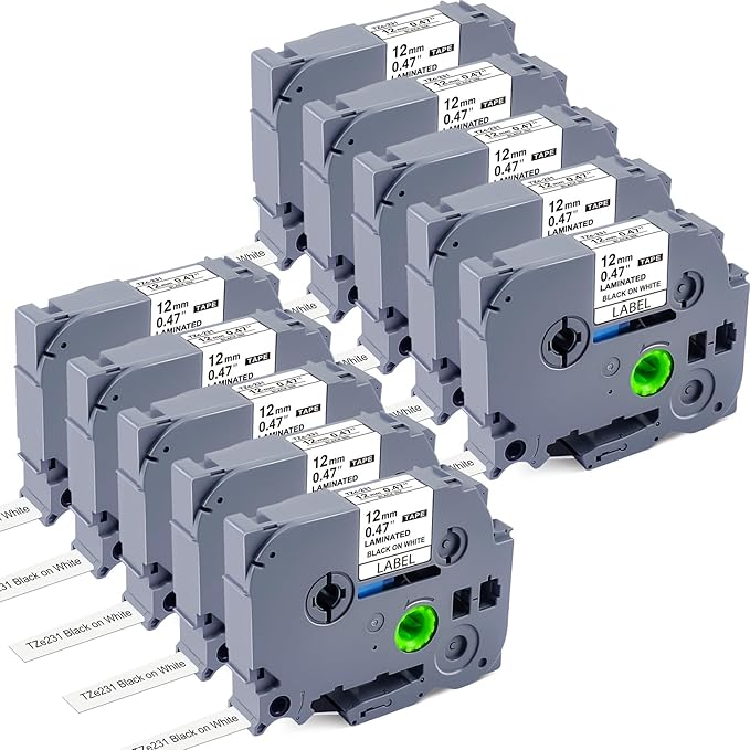 10 Pack Label Maker Tape Replacement for TZe-231 TZe231 Laminated White P Touch Label Tape, 12mm x 8m, Black on White, Compatible with Brother P Touch Label Maker PTD210 PT-H110 PT-D400