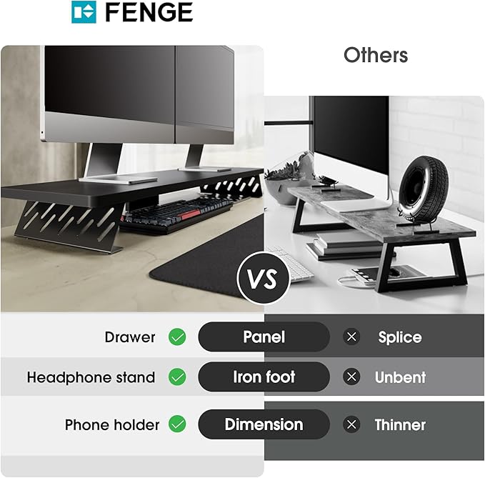 Fenge Dual Monitor Stand Riser, 42.5 Inch Desk Top Shelf for 2 Monitors, Computer Stands for Desk, Wood & Steel Desktop Riser for Laptop, PC, Printer