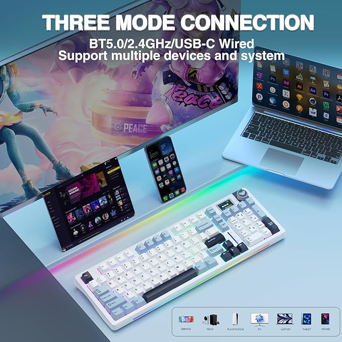 AULA S98 Pro Wireless Mechanical Keyboard,Smart Screen & Knob,Tri-Mode BT5.0/USB-C/2.4GHz Creamy Keyboard,Pre-lubed Linear Switches,Hot Swappable RGB Backlit Computer Gaming Keyboards