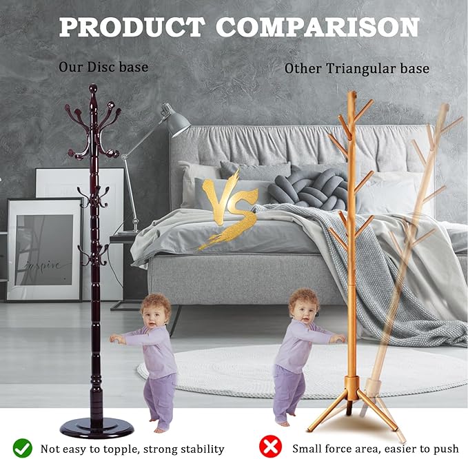 Coat Racks FreeStanding with 14 Hooks, Natural Wood Coat Rack with Solid Round Base, Adjustable Height Coat Racks, Easy Assembly for Hallway, Bedroom and Office (Rosewood Ruyi Hook)