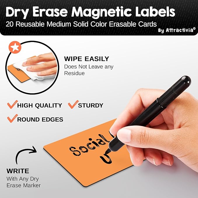 Dry Erase Magnetic Labels 3.7 x 2.8 in, Solid Colors, Medium Dry Erase Magnets, 20-Pack, Colored Erasable Write-On All-Purpose Labels, for Office, Education, Home, Whiteboard