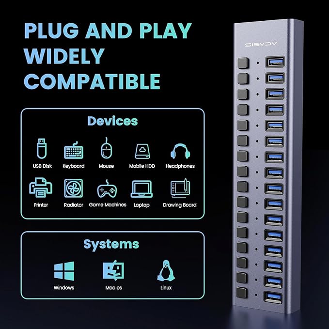 90W Powered USB Hub - ACASIS 16 Ports USB 3.0 Data Port, Aluminum Housing, Individual On/Off Switches, 12V/7.5A Power Adapter, USB Splitter for Laptop, PC, Computer, Printer