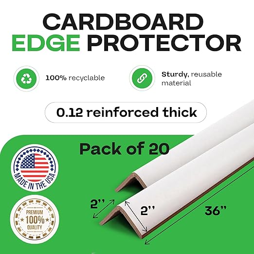 IDL Packaging 2” x 2” x 36” Cardboard Edge Protector (Pack of 20) - Corner Protectors for Shipping, Storage, & Moving – Reinforced Corner Guard Protection for Pallets, Wall Corners, & Furniture