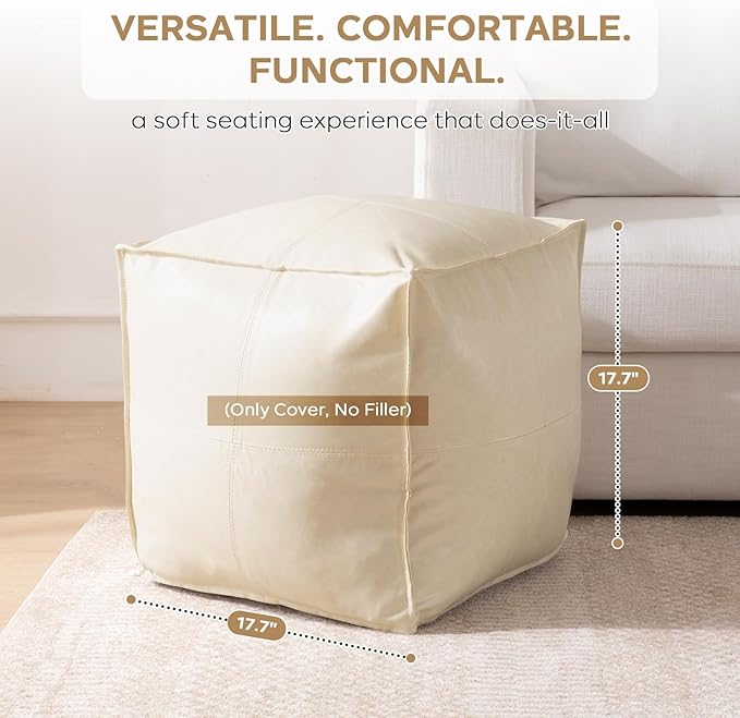 17.7" Square Unstuffed Pouf Ottoman Cover, Pu Leather Poufs Cube Foot Stool Poofy Ottomans Footrest, Decorative Casual Footstool for Living Room, Perfect to Rest Your Feet, Only Cover No Filler, Beige