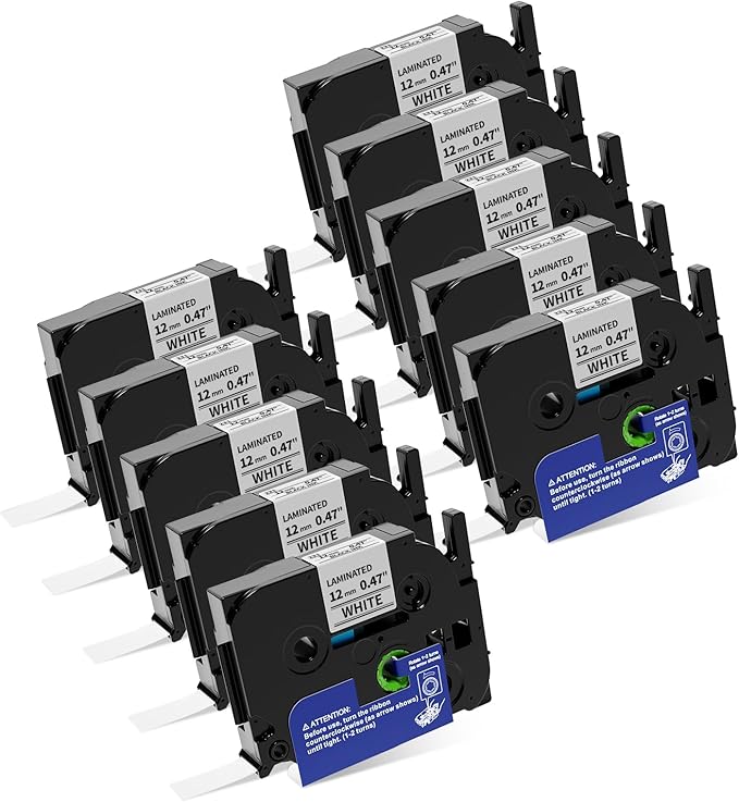12mm 0.47 Laminated White Tape Tze Tz Label Compatible with Brother P-touch 1/2 Inch Black on White P Touch Label Maker TZe231 for PT-D210 1280 1750 PT-P300BT PT-P700BT Cube Plus Tape, 10-Pack