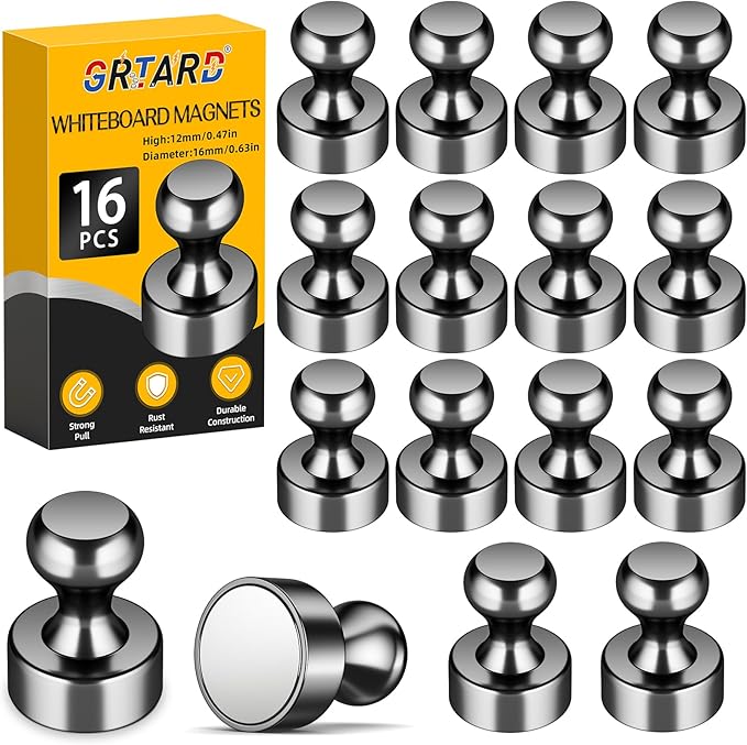 Grtard 16 Pack Magnetic Push Pins, Fridge Magnets for Whiteboard, Whiteboard Magnets Refrigerator Magnets, Small and Strong Push Pin Magnet for Office, School, Locker, and Map Magnet