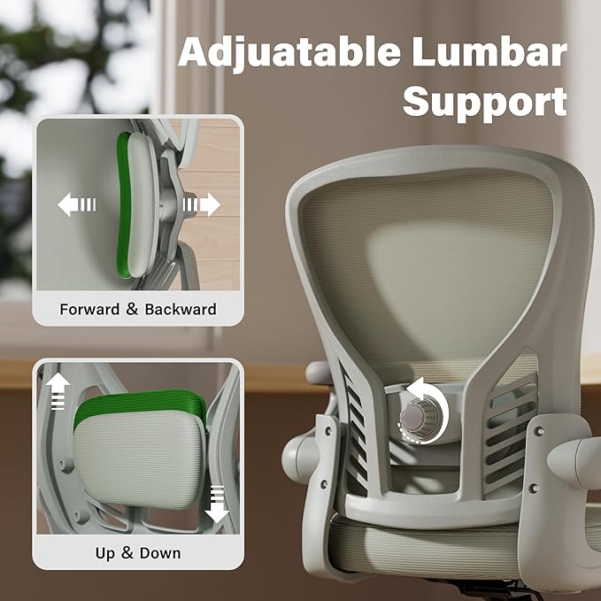 GYI Computer Desk Chair, Ergonomic Office Desk Chairs with Mesh Back, Adjustable Lumbar Support, Height, 3D Flip-up Arms, Wheels, Rocking Function, Grey