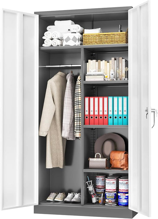 Greenvelly Metal Storage Cabinet with 2 Doors, 72” Steel Storage Wardrobe Cabinet, Employees Locker Closet Clothing Coat Steel Wardrobe Cabinet with Hanging Rod for Garage, Home Office (Grey White)