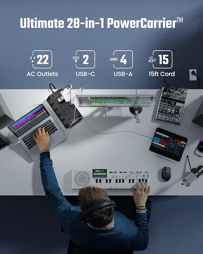 15 Ft Extension Cord Power Strips with Surge Protection, SUPERDANNY Surge Protector with 22 Outlets, 2 USB-C and 4 USB-A, 2100J, 15Ft Flat Plug Heavy Duty Extension Cord (1875W/15A) for Office, School