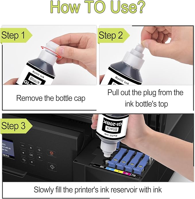 greencycle GI-20 GI20 Refill Ink Bottle Kit 4 Pack, Compatible for Canon PIXMA G6020 G7020 G5020 MegaTank Printer, 170mL Black Ink, 70mL Cyan Magenta Yellow Ink