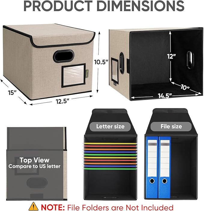 BALEINE File Organizer Box with Lid, Collapsible File Folder Organizer with Plastic Slide, Hanging File Folder Box for Office Document Storage (2 Pack, Beige)