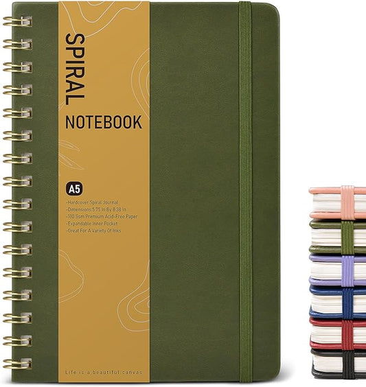 Dotted Spiral Journal Notebook, A5 Hardcover Spiral Journals for Women Men, 100 GSM Dot Grid Paper Notebooks, 150 Pages Spiral Bullet Dotted Notebook for Writing Note Taking 5.75" x 8.38" Olive Green