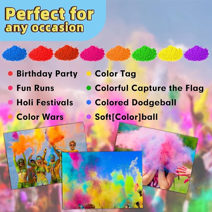 ARELUX Holi Powder Color Run Powder Balls 12 Pack 80g Each Natural, Throwing Balls of Washable Chalk Powder Paint for Color War, Rangoli, Fun Run, Party & Festival