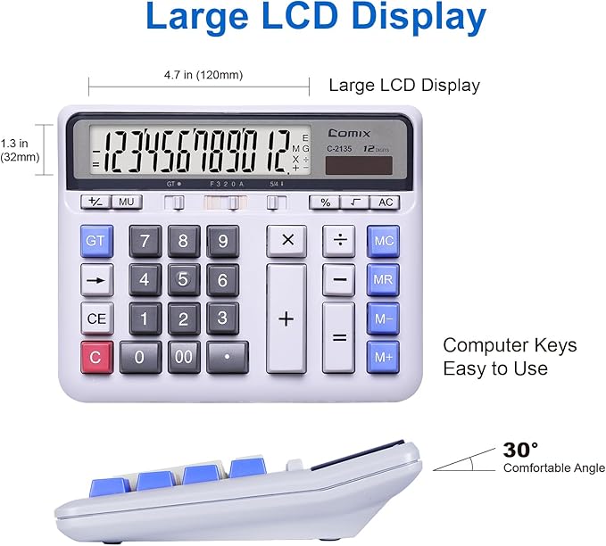Comix Desktop Calculator Solar Battery Dual Power with 12-Digit Large LCD Display and Large Computer Keys Standard Function Calculator for Home Office School, White