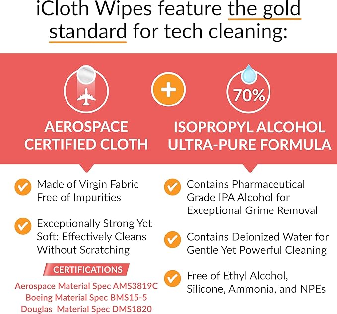 iCloth 70% Isopropyl Alcohol Large Screen and Electronics Wipes, Lint-Free, Streak-Free, Fast-Drying, Removes Dust and Fingerprints (700 Wipes)