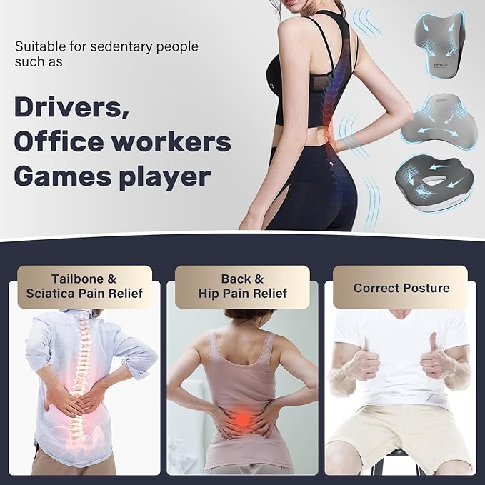 Coverado Seat Cushion and Lumbar Support Headrest Pillow for Car Office Chair, Ergonomic Memory Foam Chair Cushion Back Neck Support Pillow, Sciatica & Back & Tailbone Pain Relief Cushion-Bgray