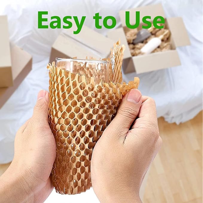 Honeycomb Packing Paper,12" W x 100' L Packing Paper for Moving,Products & Gifts Honeycomb Wrapping Paper,Recyclable and Biodegradable Cushioning Packing Material with 10 Fragile Sticker Labels