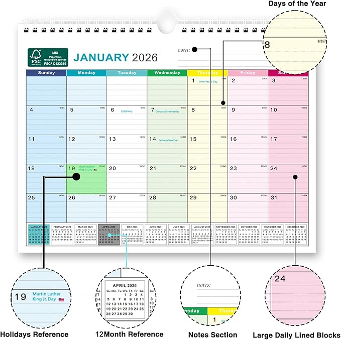 BOCT Wall Calendar 2025-2026 - Includes July 2025 to December 2026-18 Monthly Daily Planner 13 x 9.6 Inches, Julian Dates for New Year Christmas Gifts