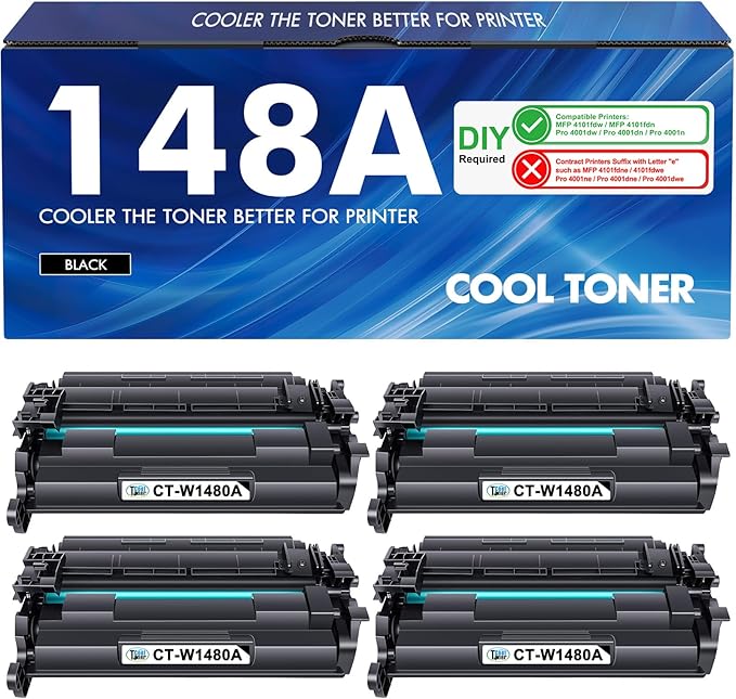148A W1480A Toner Cartridge Black Compatible Replacement for HP 148A 148X W1480A W1480X for HP Laserjet MFP 4101fdw 4101fdn Pro 4001dw 4001dn 4001n Printer Ink (4 Pack)