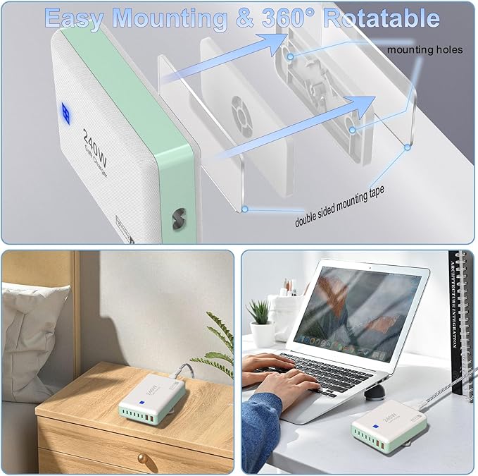 240W Fast Chargers for Multiple Devices 8 Ports, 6 Type C + 2 USB A Charger Block, Charging Station with Slim Flat Plug, 65W Power Hub for Laptops, PD GaN Charger Tower for iPhone, Samsung