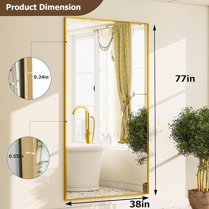 GLSLAND-38 x 77" Rectangular Full Length Mirror - Large Floor Mirrors Aluminum Alloy Frame Full Body Dressing Mirror for Bedroom, Living Room,Gold